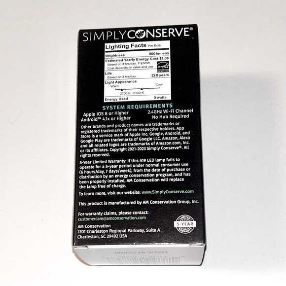 Simply Conserve 9W WiFi & BLE - Enabled A19 Smart LED Bulb (BRAND NEW IN BOX) - Picture 4 of 5